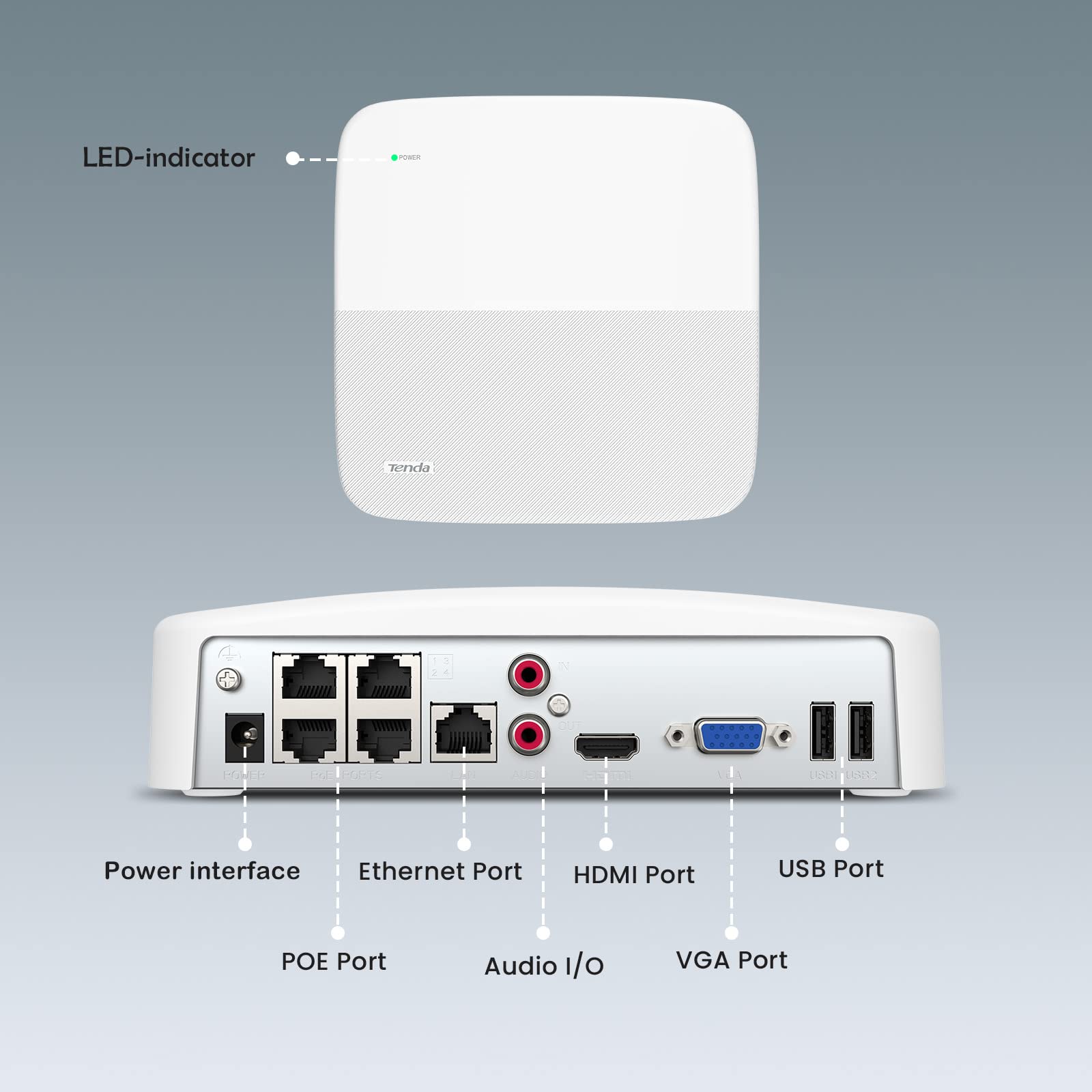 Tenda NVR 8 kanalen, 4K PoE videobewaking, recorder, overdracht 250 m, H.265 Plus, plug and play, HDD (tot 10 TB)/cloud opslag, afstandsbediening app, N6P-8H