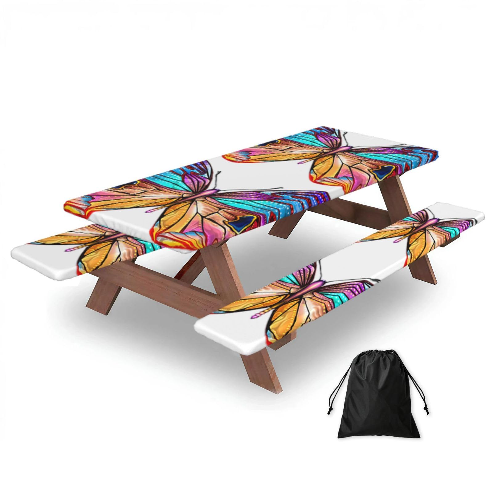 Yqxwjl Black Colorful Butterfly Print Camping Essentials Waterproof Camping Table And Bench Cover With Drawstring Bag 183 Cm
