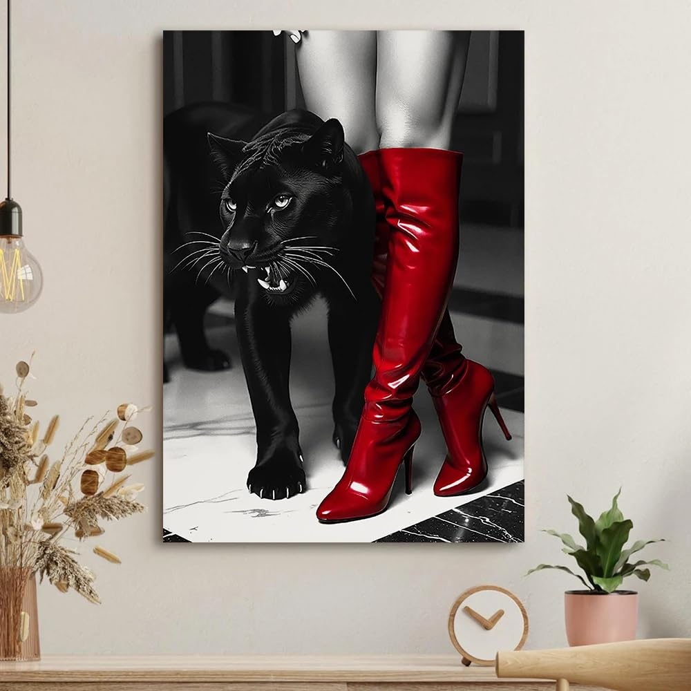 ZHUOYA Czarno-biały luksusowy plakat na ścianę, modny nadruk, model mody i plakat pantera, estetyczny nowoczesny druk czasopism (50 x 70 cm)