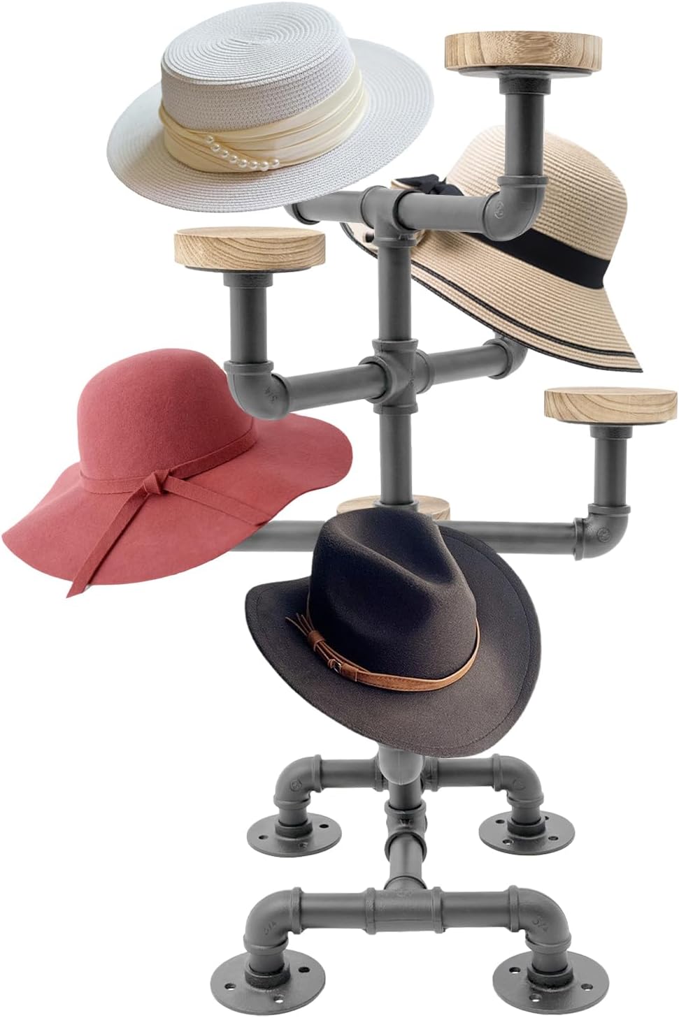 Tabletop Hat Rack Stand with 8 Hooks, 4 Tier Industrial Pipe Cap Organizer, 25.1'' H Wooden Wig Display Tree for Countertop, Freestanding Hat Holder for Store Shop Cloakroom