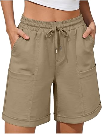 Aymnlox Beach Casual Long Shorts for Women Cotton Linen Drawstring Elastic Waist Short with Pockets Summer Travel Outfits