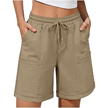 Aymnlox Beach Casual Long Shorts for Women Cotton Linen Drawstring Elastic Waist Short with Pockets Summer Travel Outfits