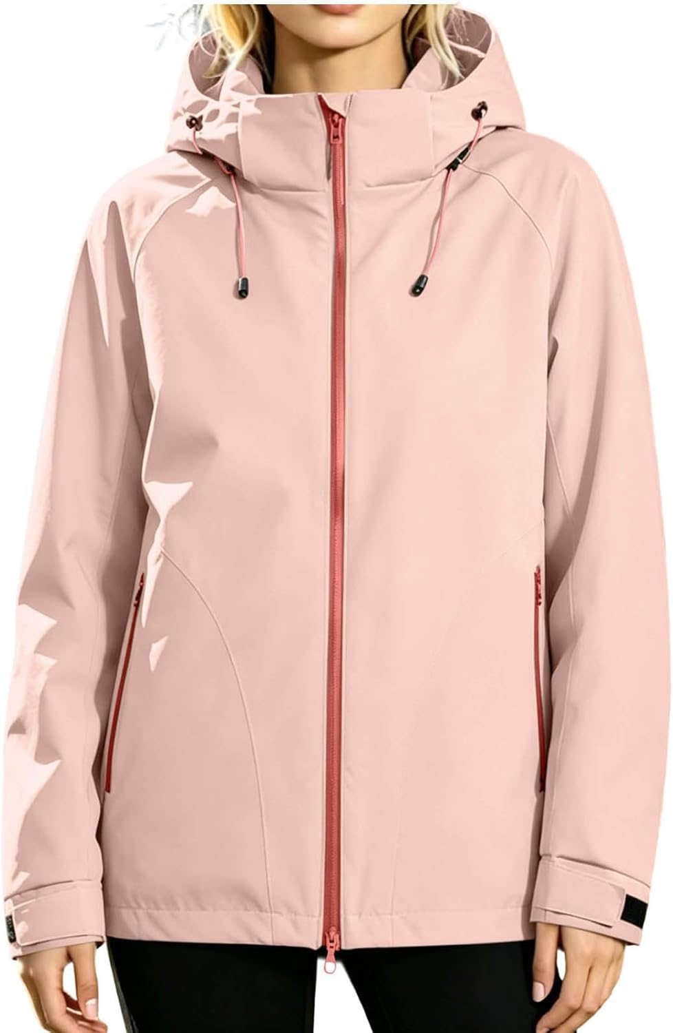 Softshell Jacket for Women Full Zip Hooded Waterproof Outdoor Coat | Women's Lightweight Rain Jacket with Contrast Zipper, Adjustable Hood, Zip Pockets for Hiking Camping Travel Fall