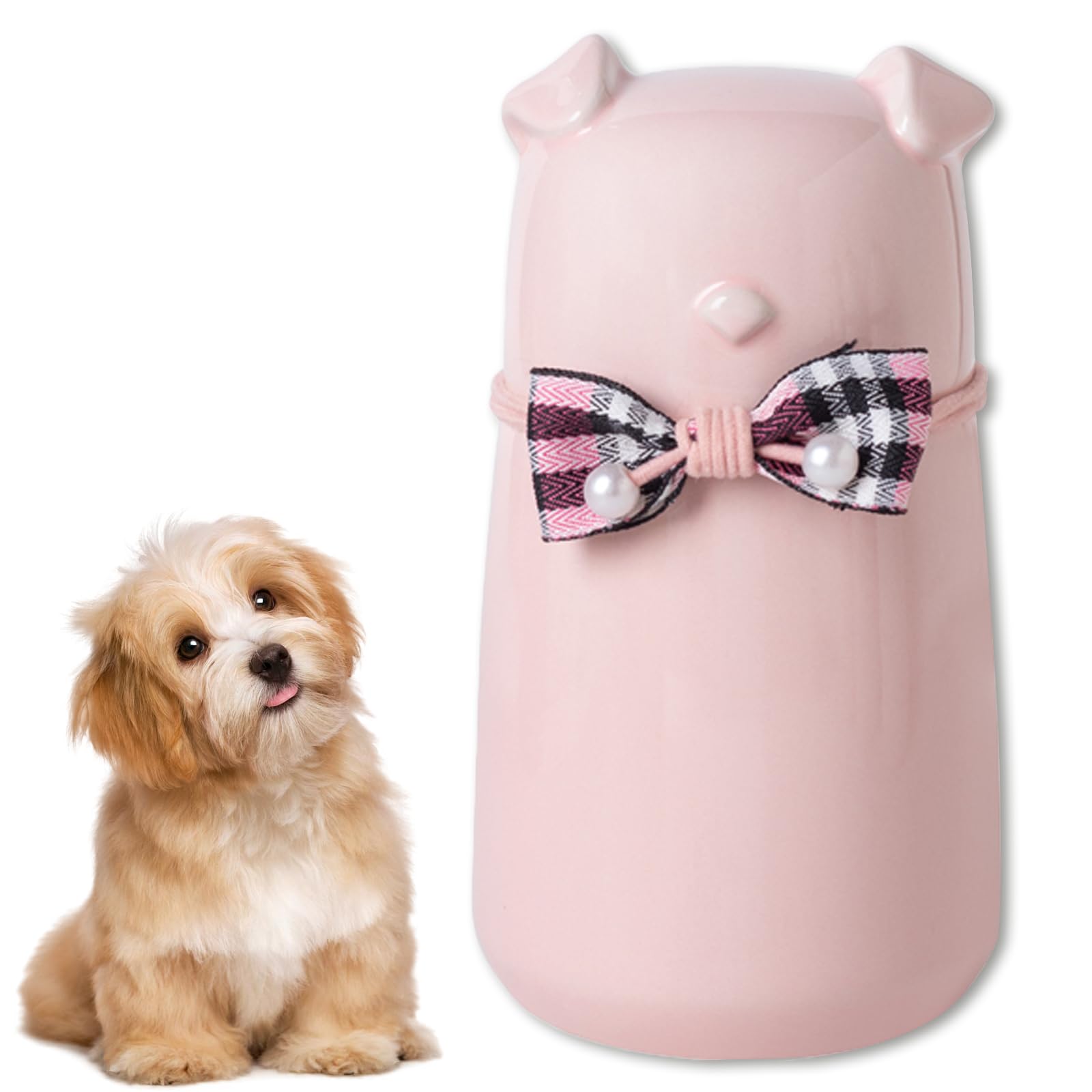 Duuclume Cute Memorial Pet Urn for Dogs Cats,Ceramic Bow Tie Dog Shaped Keepsake Box, Holds Ashes of Small Pets,Forever Keeps Memories,Lovely Home Decoration (Pink)