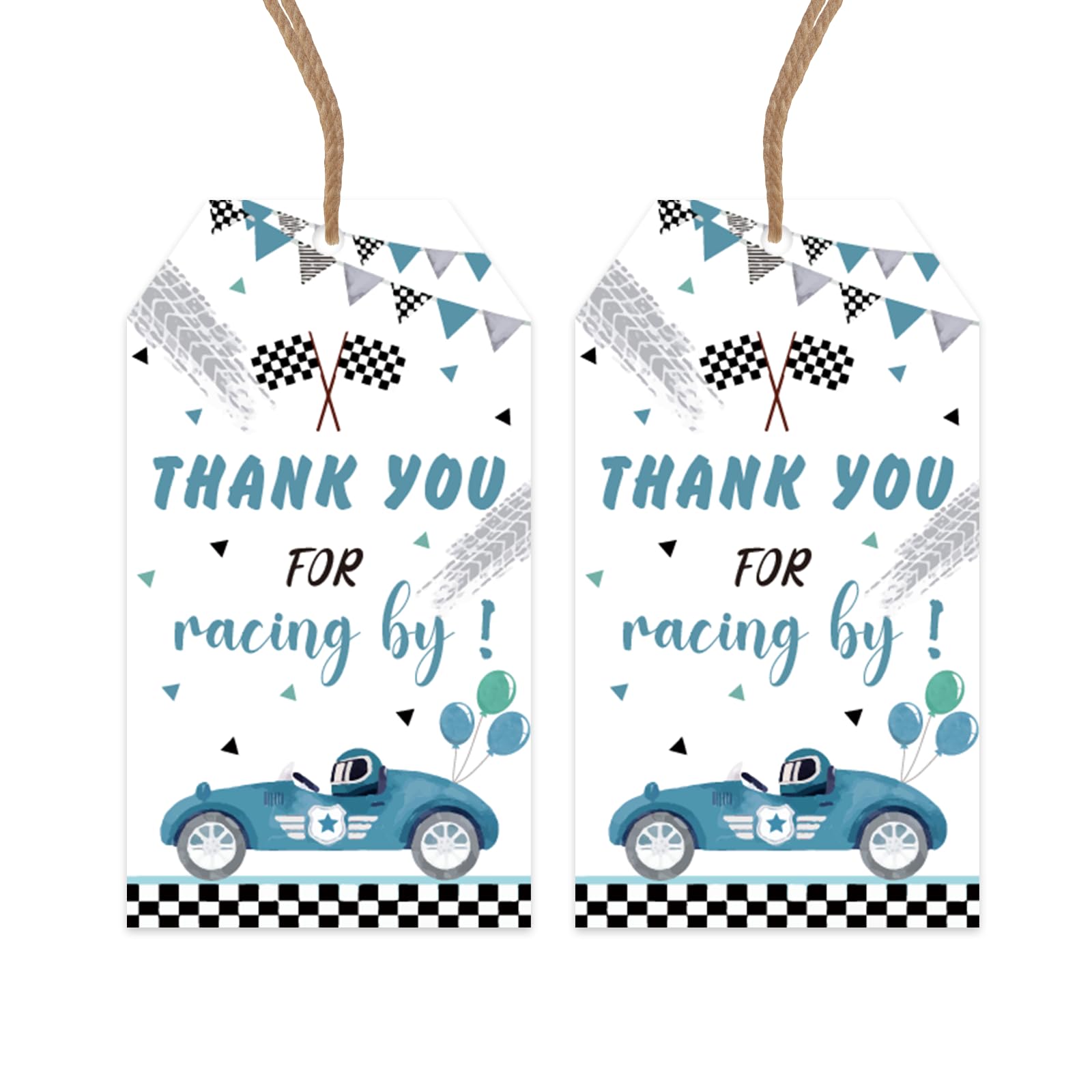 Fangleland 50Pcs Blue Green Race Car Theme Thank You Tags, Racing Car Birthday Baby Shower Thanks Cards Notes Checkered Decorations, Thank You for Racing by Labels Racing Sports Party Decor Supplies