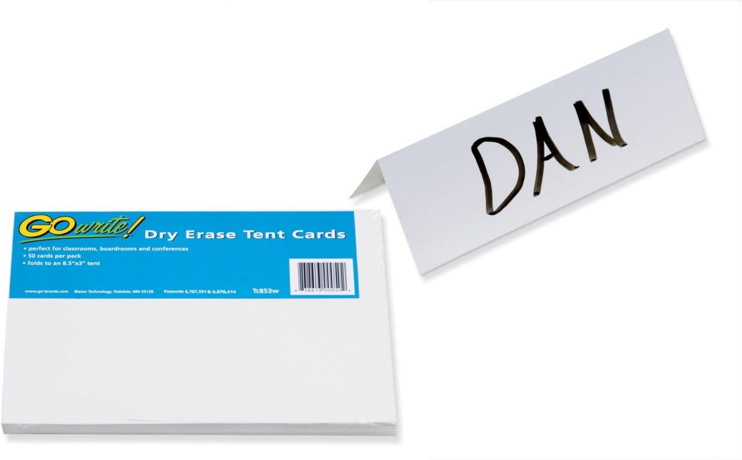 GoWrite Dry Erase Tent Cards, Non Adhesive, 8 1/2"x3", 50