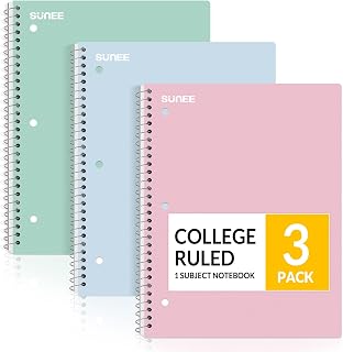 SUNEE Spiral Notebooks 3 Pack College Ruled, Pastel Colors Pink Blue Green, 8x10.5" 70 Sheets, 3-Hole Punched Perforated for School & Office