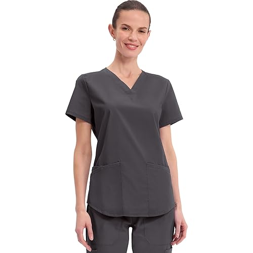 Cherokee Scrubs for Women V-Neck Top, 3 Pockets, Fade Resistant, Soft Stretch Fabric with Shirttail Hem & Side vents - WW665