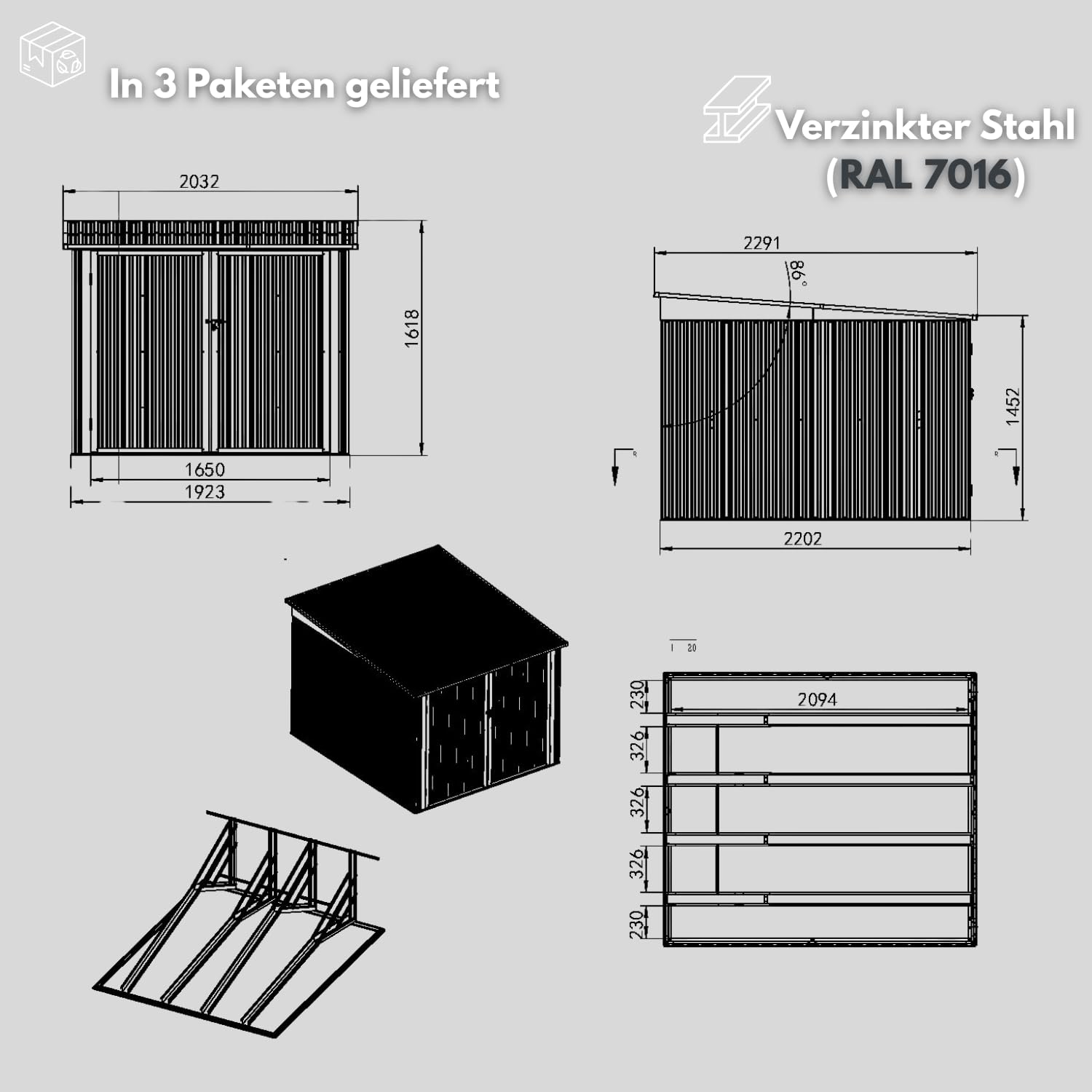 ALBATROS XXL Fahrradgarage Metall wetterfest & abschließbar, für 4 Fahrräder & E-Bikes, Fahrradbox 229x203x162 cm, Fahrradunterstand aus verzinktem Stahl RAL7016 anthrazit, Gartenbox mit Zubehör