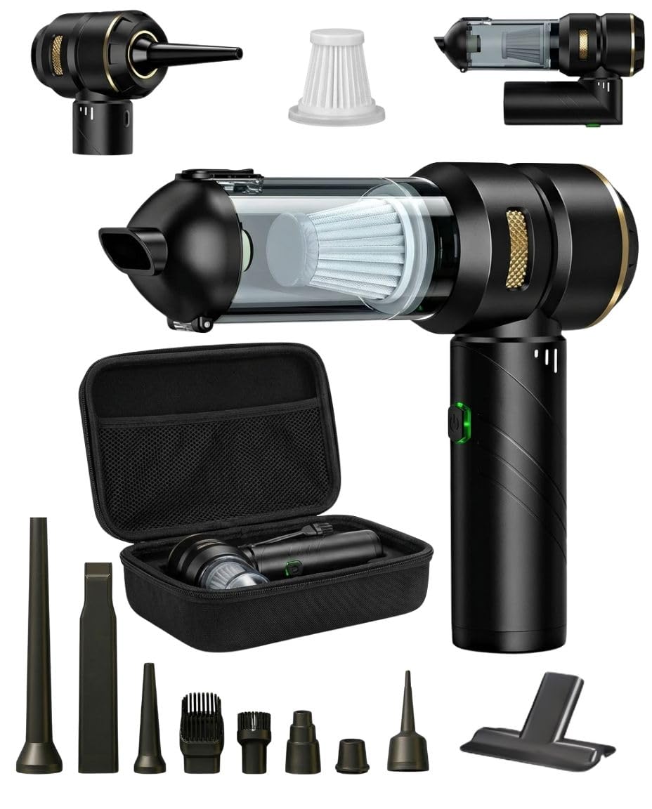 Aspiradora de Mano - Sin Cable - Plegable - Aspirador Coche Potente - 5 Accesorios - Filtro Lavable + Repuesto - 30 Minutos Autonomia - Recargable USB C - Funda de Transporte