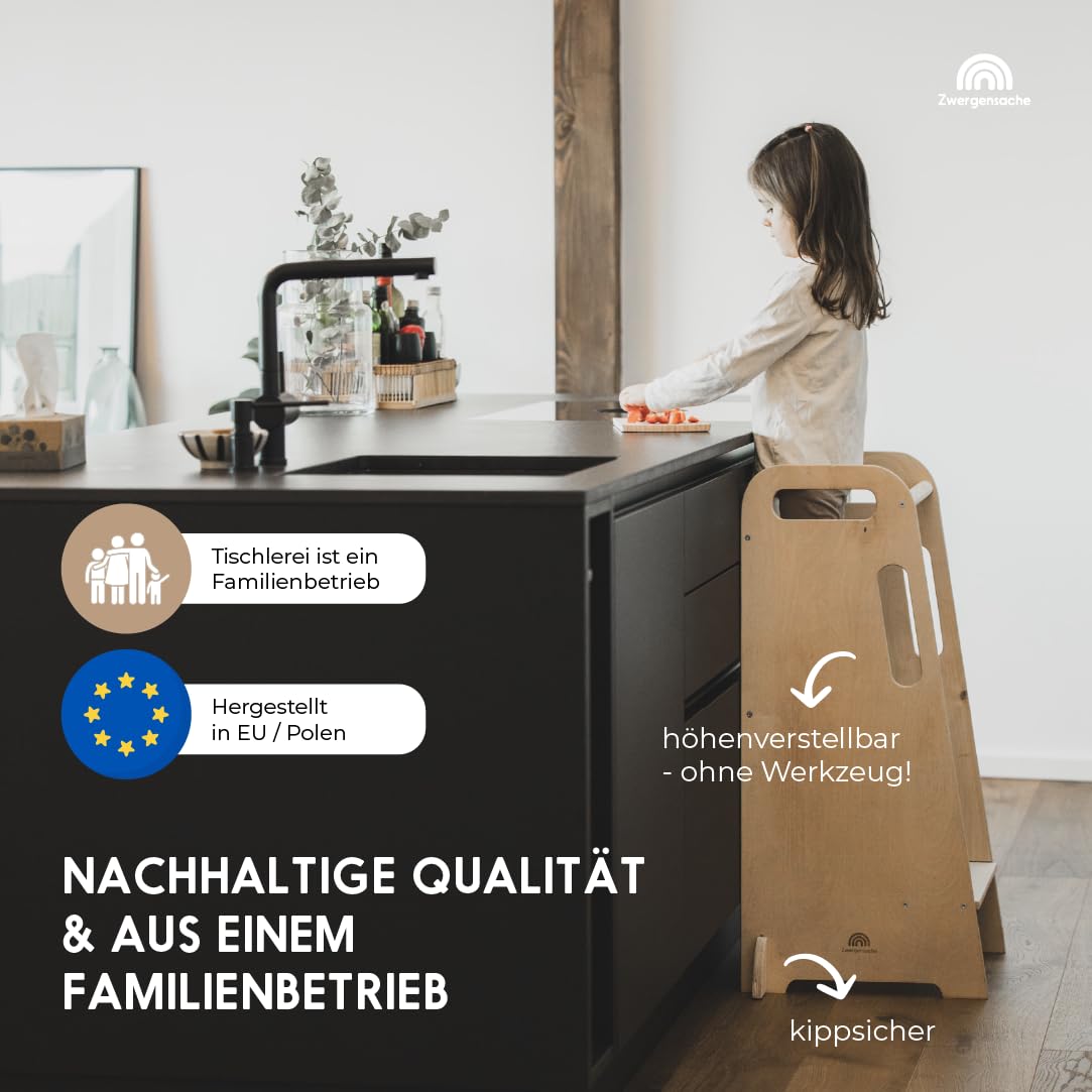 Lernturm ab 1 Jahr – Höhenverstellbar ohne Werkzeug – weiß lackiert - Kinder-Küchenhelfer, Lernturm aus Holz – kippsicher & stabil – fördert Selbstständigkeit - 1 bis 5 Jahre