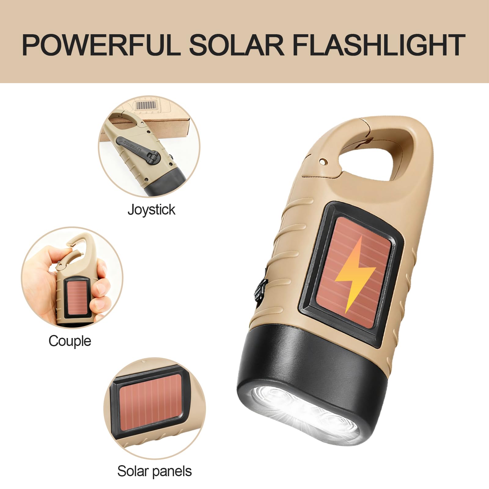 Portatile con Batteria Solare Ricarica Tascabile,Torcia Elettrica LED, Torcia Dinamo Ricaricabile a Manovella, Mini Professionale con Moschettone per Campeggio Trekking Emergenza(Marrone)