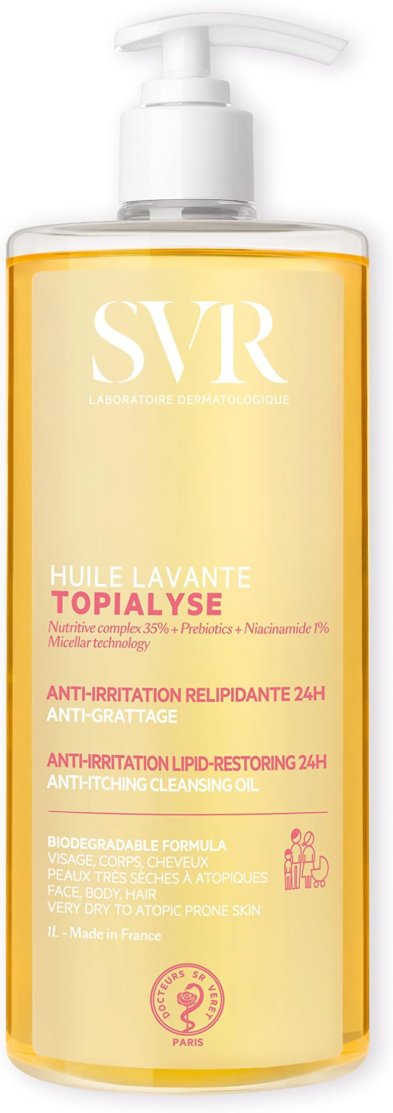 Svr Topialyse Micellar Oil Wash For Face, Body, Hair, 24Hr Hydration Emulsifying Soothing Bath/Shower Cleanser For Very Dry, Sensitive, Eczema-Prone Skin, All Ages (1 L)