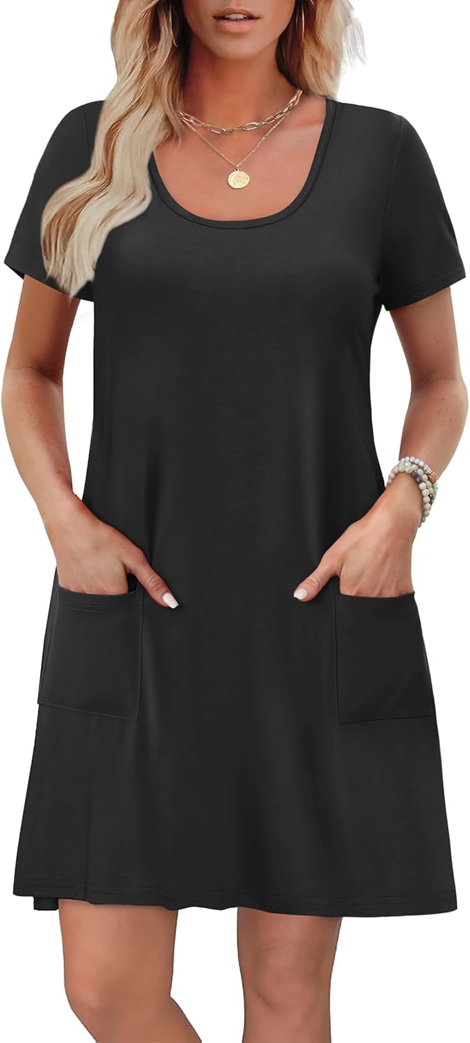 OFEEFAN Summer Dresses for Women 2026 Loose U Neck Short Sleeve Casual Beach Vacation Tshirt Dress Sundresses with Pockets - Image 2