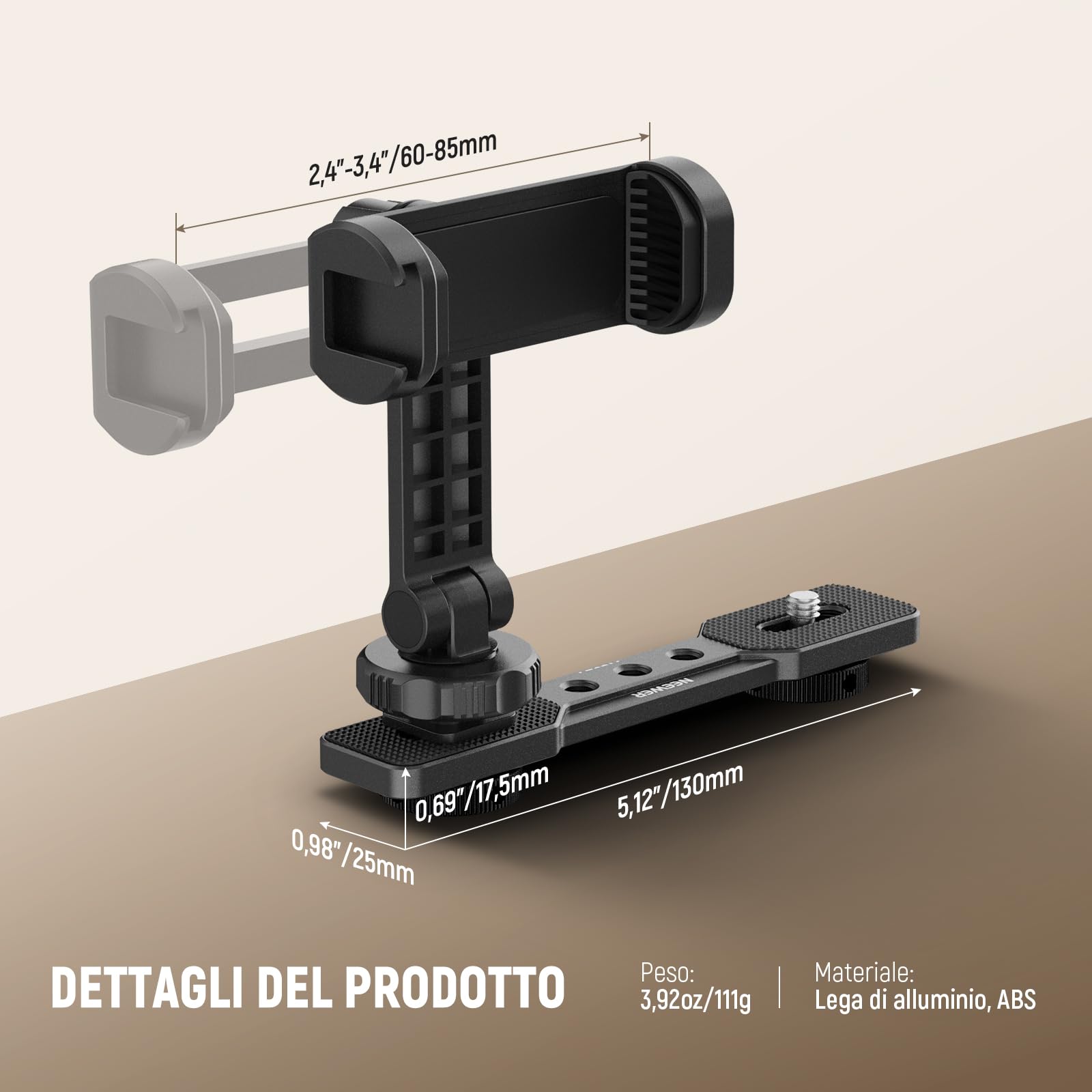 NEEWER Supporto Telefono Compatibile con DJI Osmo Pocket 4 & Pocket 3, Accessori Espansione Portatelefono con Filetto 1/4" per Treppiede e Asta di Prolunga, Cold Shoe per Mini Luce Video Mic, AC021