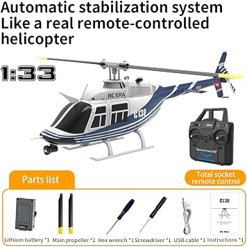 RC ERA C138 1/30 Scale 206 Helicopter for Adult, 2.4G 6CH No Aileron Helicopter with Altitude Hold and Optical Flow Positioning, 1 Battery (RTF Version/Blue&White)