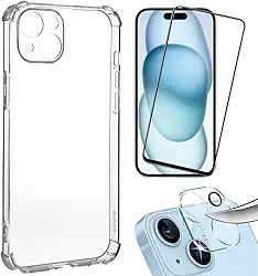 Kit Capinha Capa Compatível com iPhone 13 14 15 16 16e + Película 3D Vidro Temperado + Película de Câmera (iPhone 15)