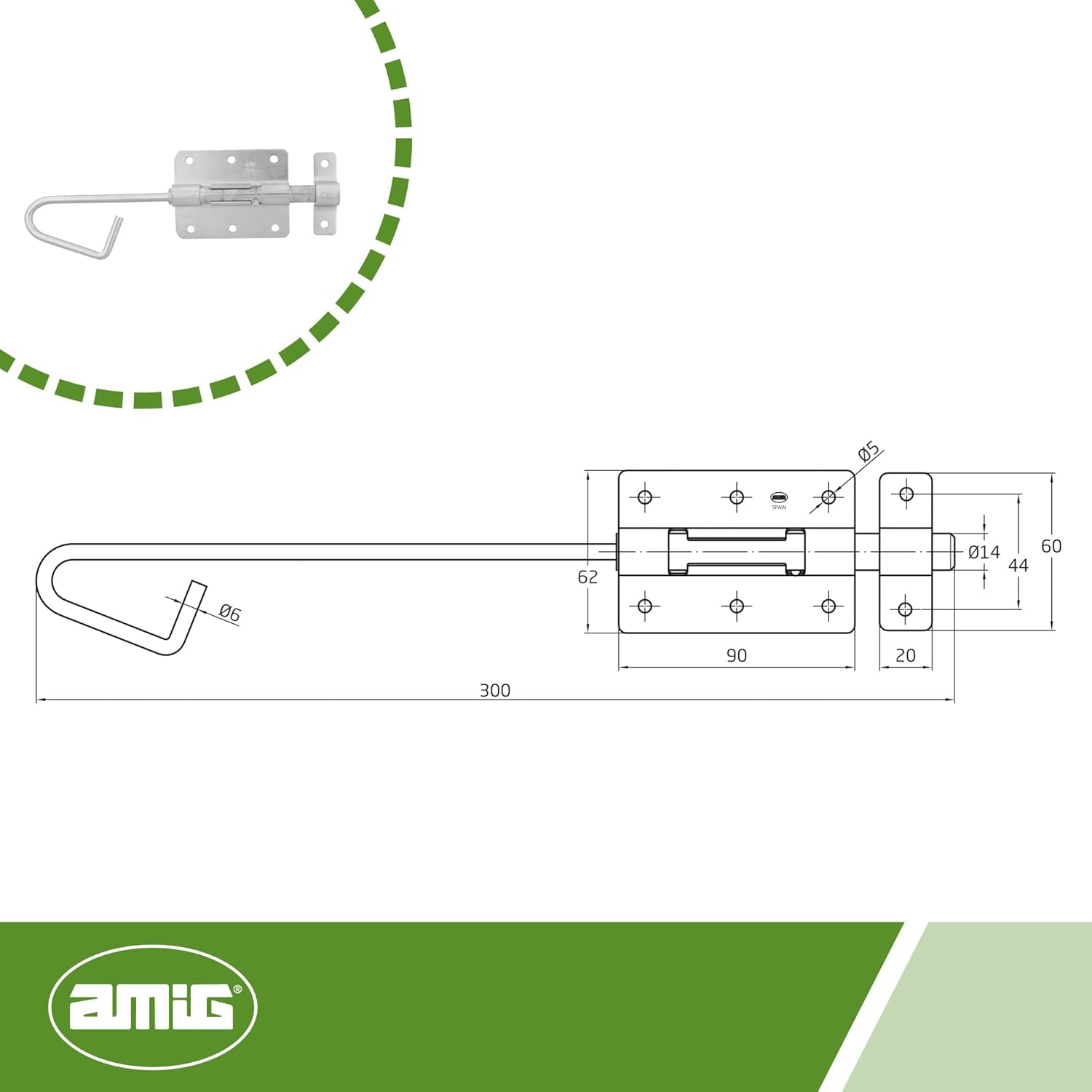 Amig - Door Overlay Pin - Security latch for your home - Heavy duty gate latch - Zinc plated steel - Colour: Silver - 300 x Ø12 mm