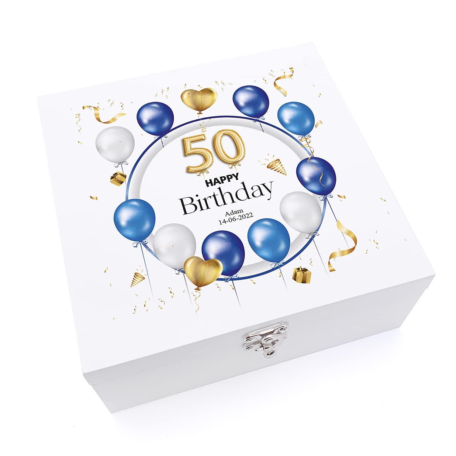 ukgiftstoreonline 50th Birthday Gift Personalised Wooden Keepsake Memory Box Balloons (Medium)