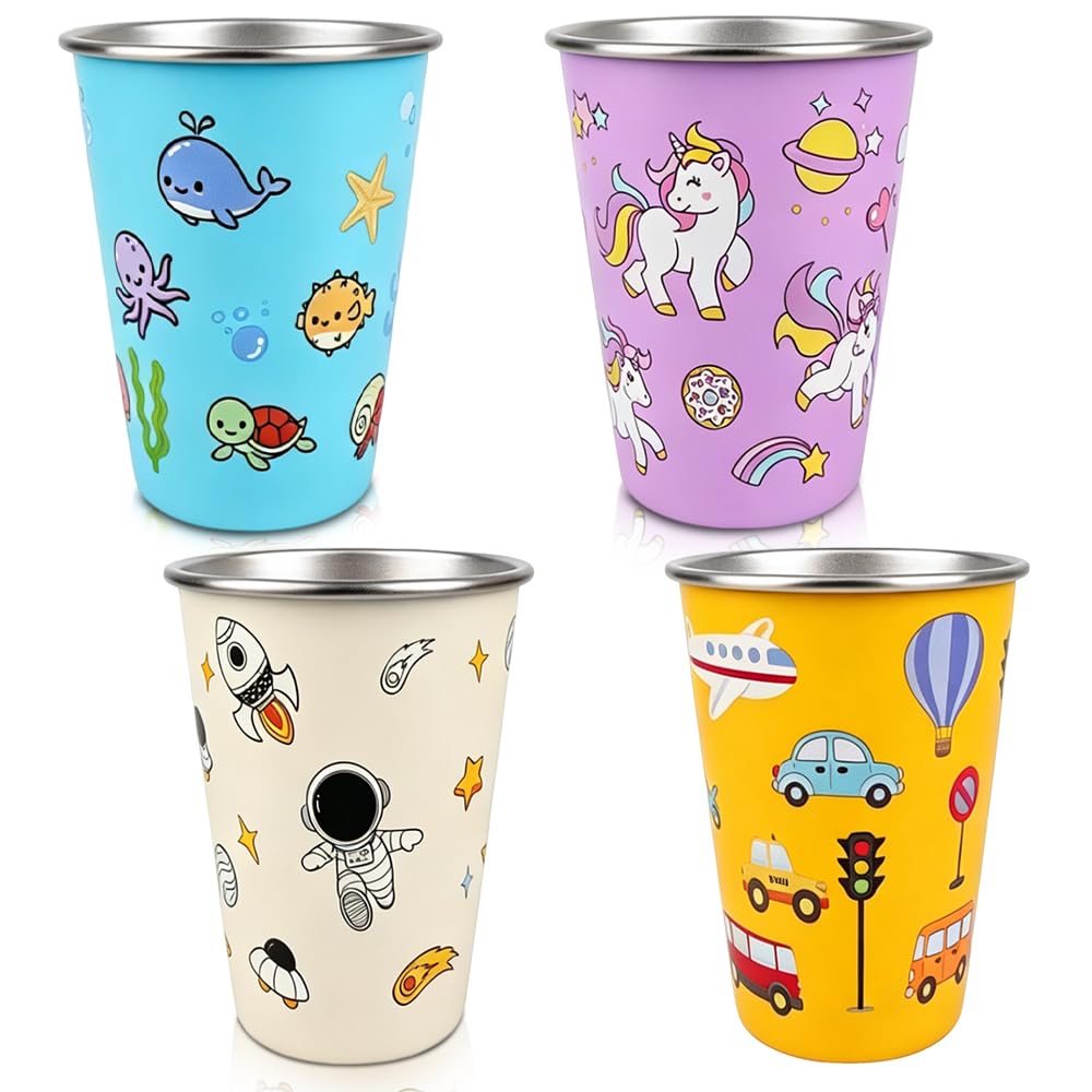 4 bicchieri per bambini in acciaio inox, 350 ml, in acciaio inox, robusti, 1 bicchiere in acciaio inox, per picnic e famiglie (blu, rosa, giallo, bianco)