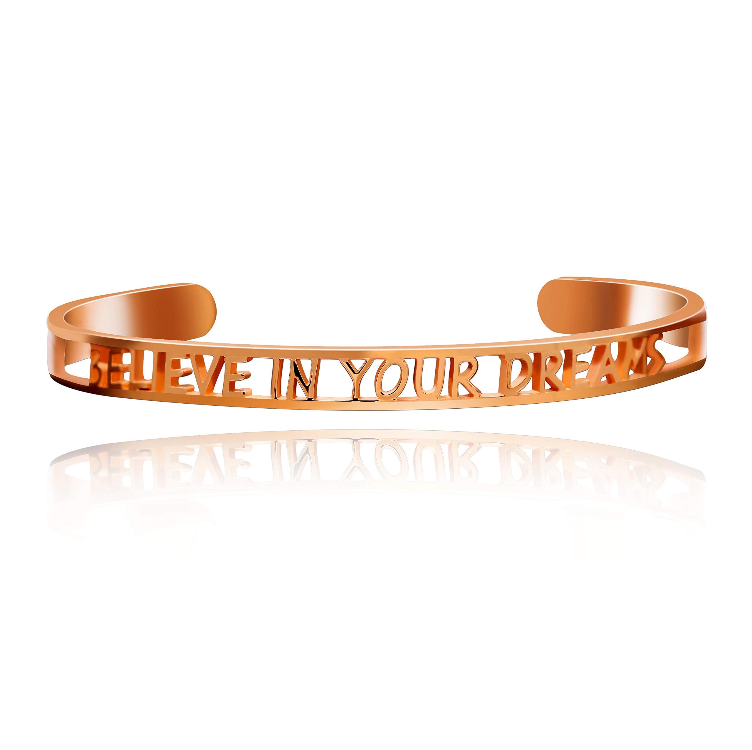 Uloveido Fashion Cuff Encouragement Bracelets for Women with Quote Believe In Your Dreams Hollow Bangle Cuff Bracelet Rose Gold Plated for Women Encouragement Gifts Y467