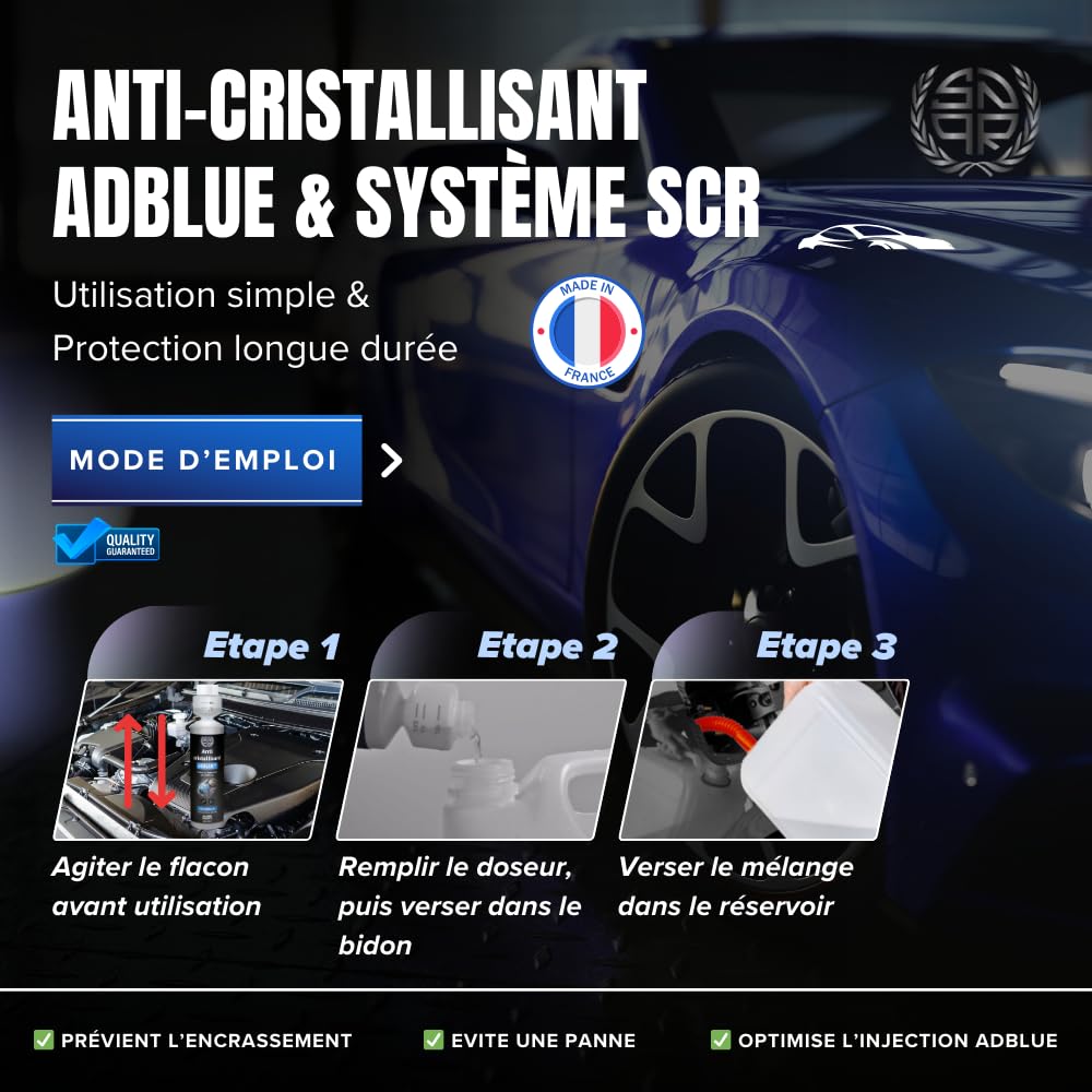 Anti-Cristallisant AdBlue Additif 250mL – Prévention Cristallisation, Protection SCR, 1 Flacon Traite 100L, Anti-Cristaux, Anti-Panne, Nettoie Injecteur – Compatible Voiture, Camion