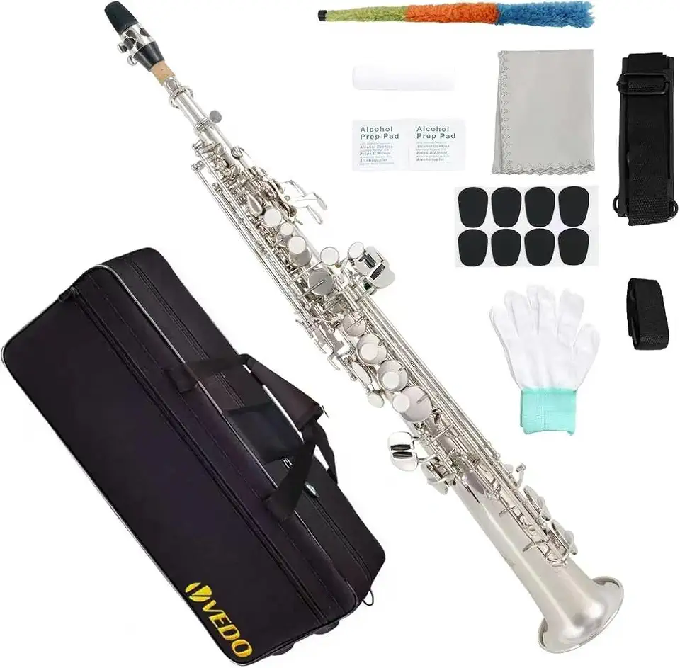 VEDO Saxofone Soprano Em Si bemol (Bb), Instrumento De Tubo Reto, Campana Integrado, Adequado Para Iniciantes e MúSicos NíVel IntermediáRio, Orquestra, Inclui Todos Os Acessórios, Prata
