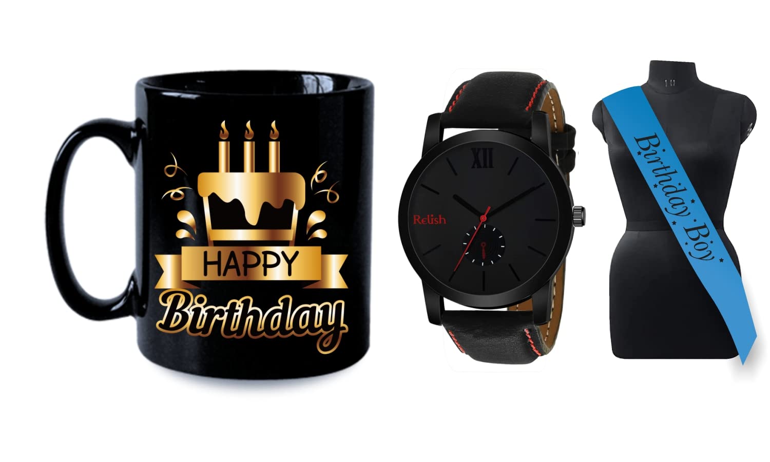 Relish Black Analog Watch,Happy Birthday Printed Coffee Mug with Birthday Sash (B0BVJDRXWG) Amazon Price History, Amazon Price Tracker