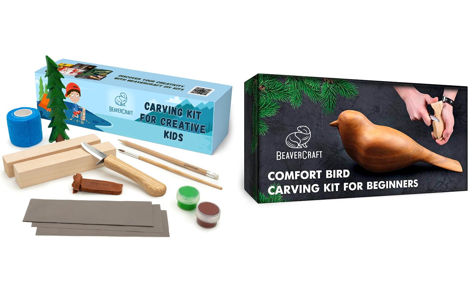 BeaverCraft Holzschnitzset DIY08 für Kinder & Anfänger mit Komfort-Vogel DIY01 – 2-in-1 Komplett-Set mit Schnitzmessern, Lindenholzblöcken, Vorlagen, Finger-Schnittschutz & Anleitungen
