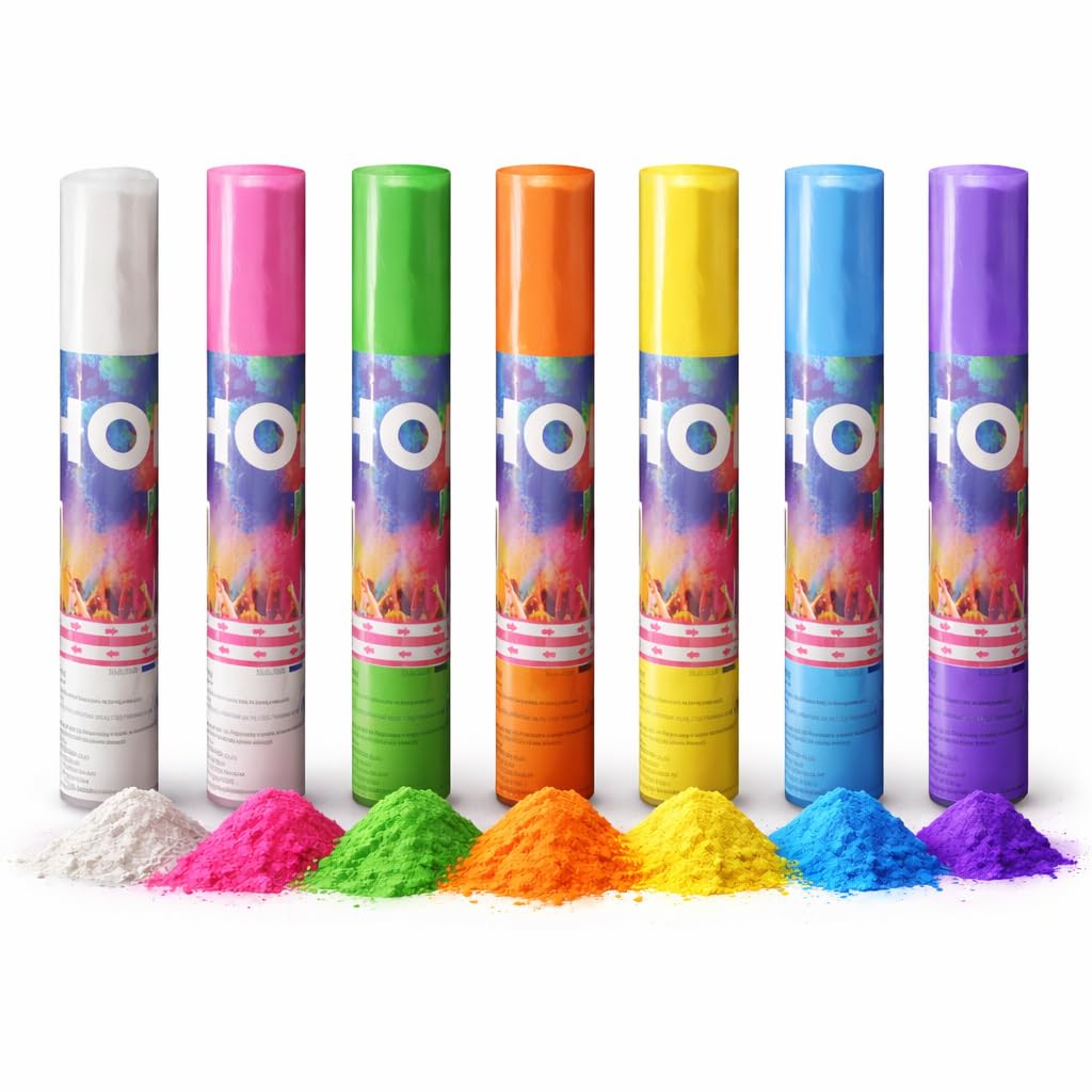 ZENDA CLUB® Set di 7 Cannoni per Polvere Holi – 7 Colori Intensi – Bianco, Rosa, Verde, Arancione, Giallo, Blu, Viola – Cannone Holi Non Tossico – Effetto Festa & Festival – Uso Esterno – 30 cm