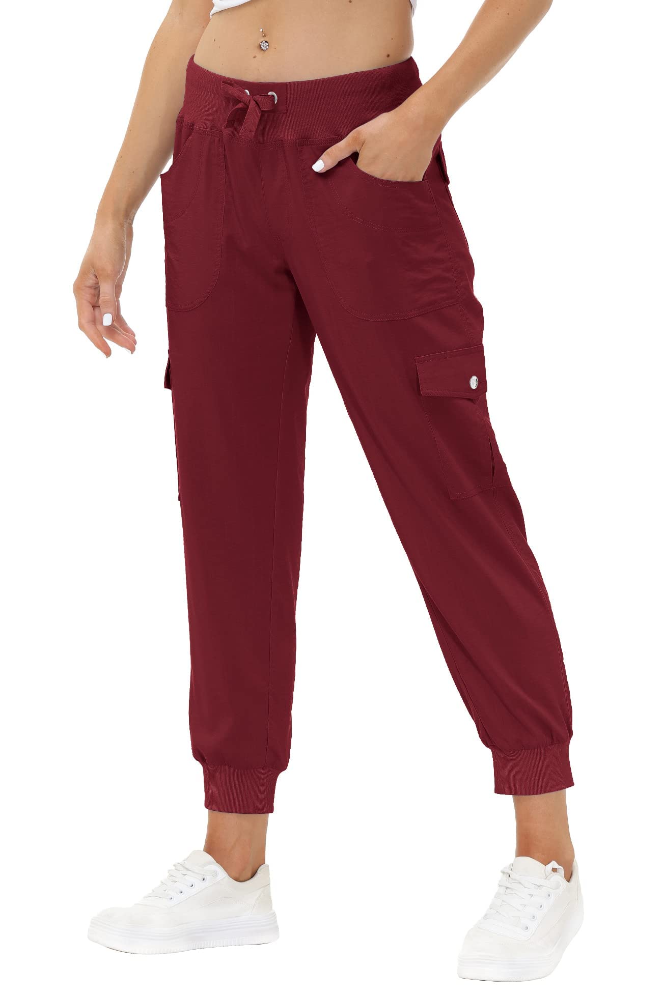 JINSHI Hosen Damen Cargohose Lange Capri Freizeithose Outdoor Jogginghose High Waist mit Kordelzug