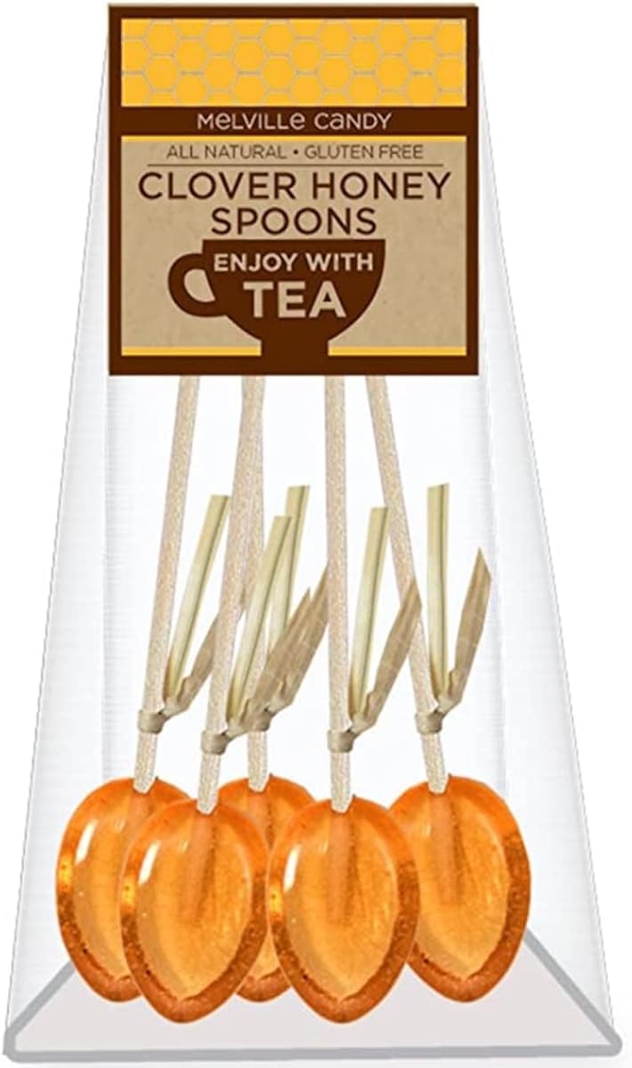 Melville Candy All Natural Honey Spoons – Clover Honey Spoons & Lollipops on Wooden Ball Sticks – Gluten-Free, Made in USA Stirrers for Tea, Coffee, & Hot Beverages - Individually Wrapped (Clover)