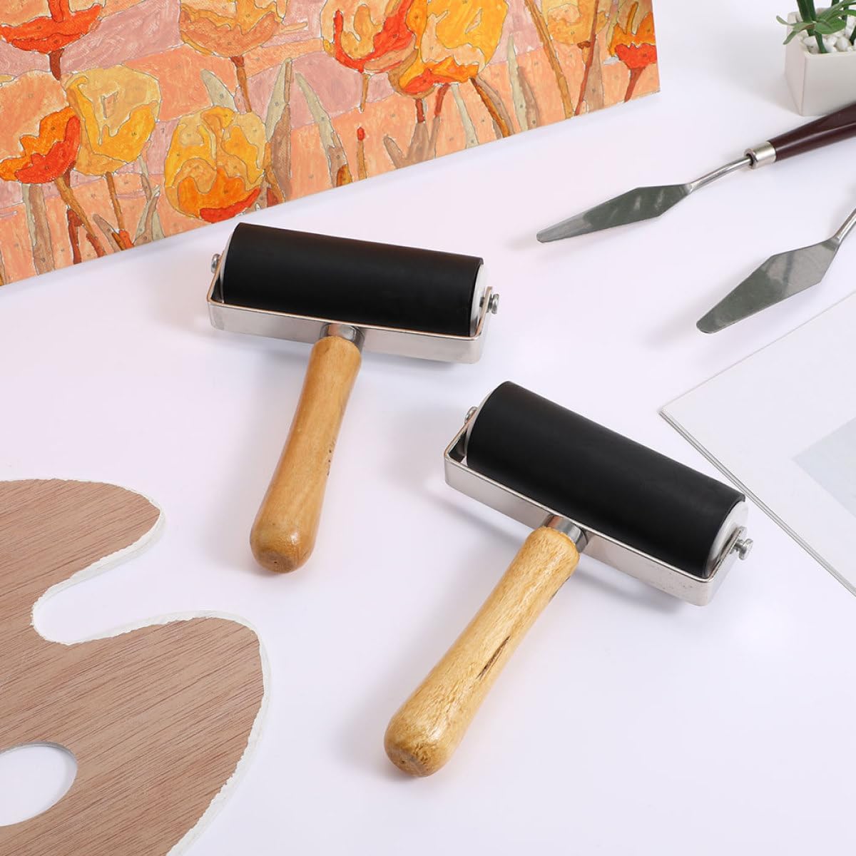 SHERCHPRY 4 Stück Kunststoff Druckwalze mit Holzgriff Leichte Farbwalzen für Gleichmäßigen Farbauftrag bei Kunstdruck und Bastelarbeiten