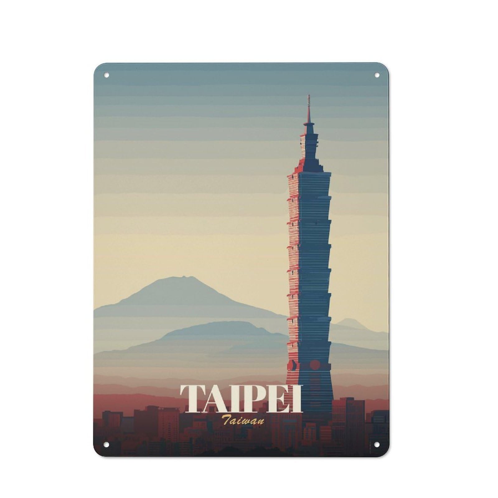 Junmoney Style-6 Urban Metal Wall Art Sign 40X30cm Featuring Taipei 101, Taiwan Skyline Illustration, Urban Room Decor For Modern Home, Workshop, Office Or Cafe