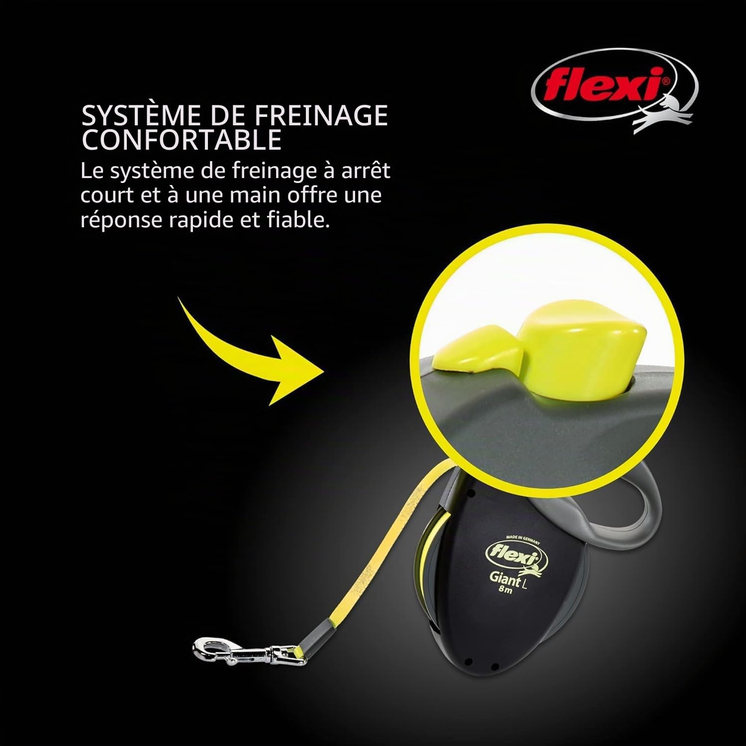 Flexi USA Laisse rétractable géante Fluo (Ruban), Ergonomique, Durable et sans nœuds, pour Chiens pesant jusqu'à 50 kg, 8 m, Taille L, Noir