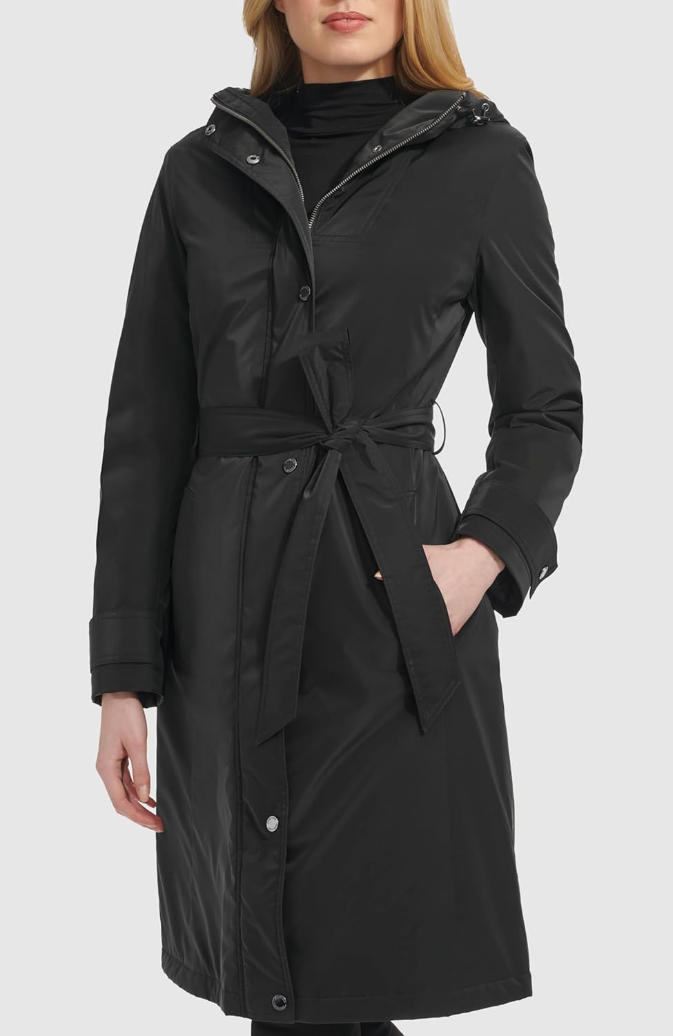 Kenneth Cole Women's Belted Sleeker Midweight Coat With Attached Hood - Image 4