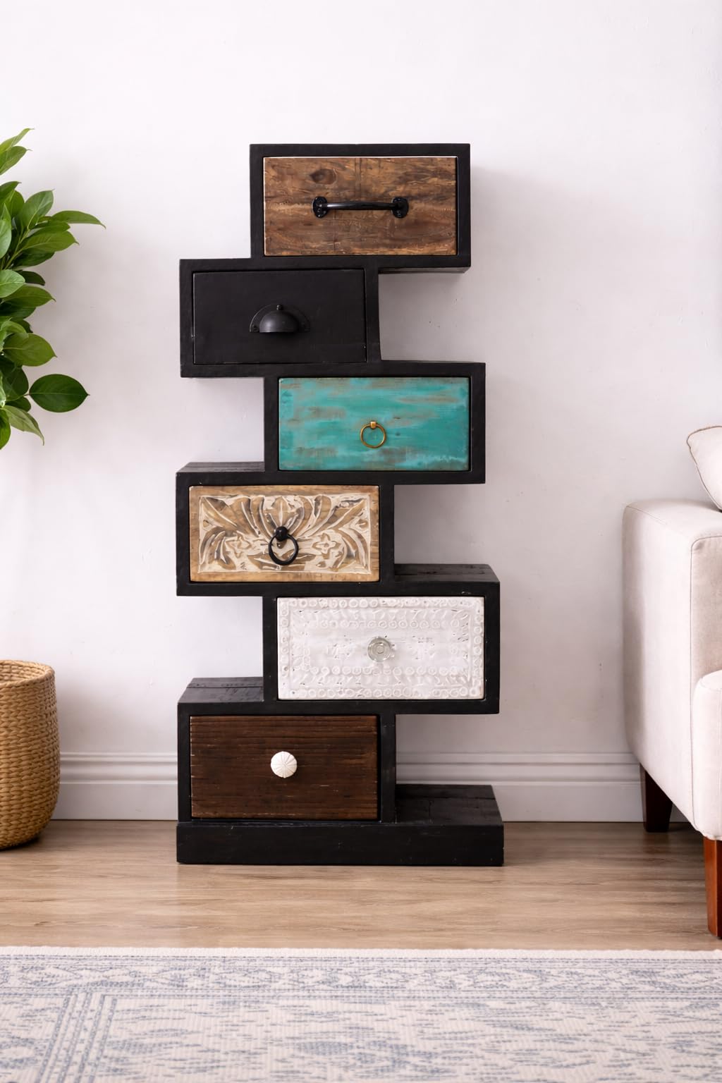 Wooden Chest of Drawers Cabinet – 6 Drawer Storage Organizer for Living Room, Bedroom & Entryway | Vintage Multi-Color Wooden Storage Unit | 30 x 40 x 90 cm-image-26