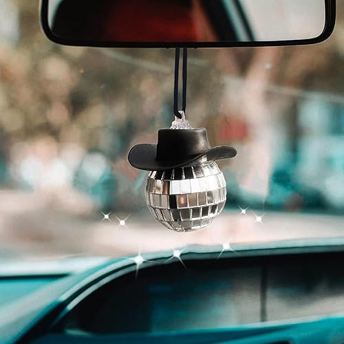 Miniatura 5 de Accesorio de bola de discoteca para automóvil, adorno de espejo de coche de bola de discoteca, sombrero de vaquero de bola de discoteca, decoración