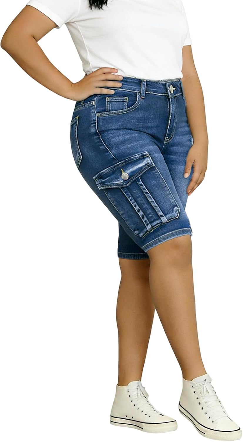 Women Plus Size Jean Shorts Cargo Bermuda Shorts High Rise Casual Stretchy Womens Long Denim Short Summer Jorts