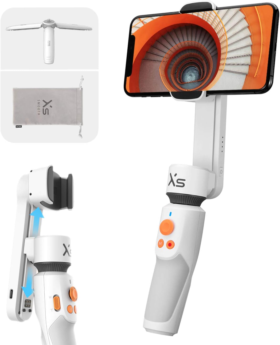 ZHIYUN Smooth XS Gimbal for iPhone, Android Smartphones [Slide Design, w/Tripod & Case] 10" Selfie Stick with Smart Tracking, Bluetooth Support, Compact and Portable, White