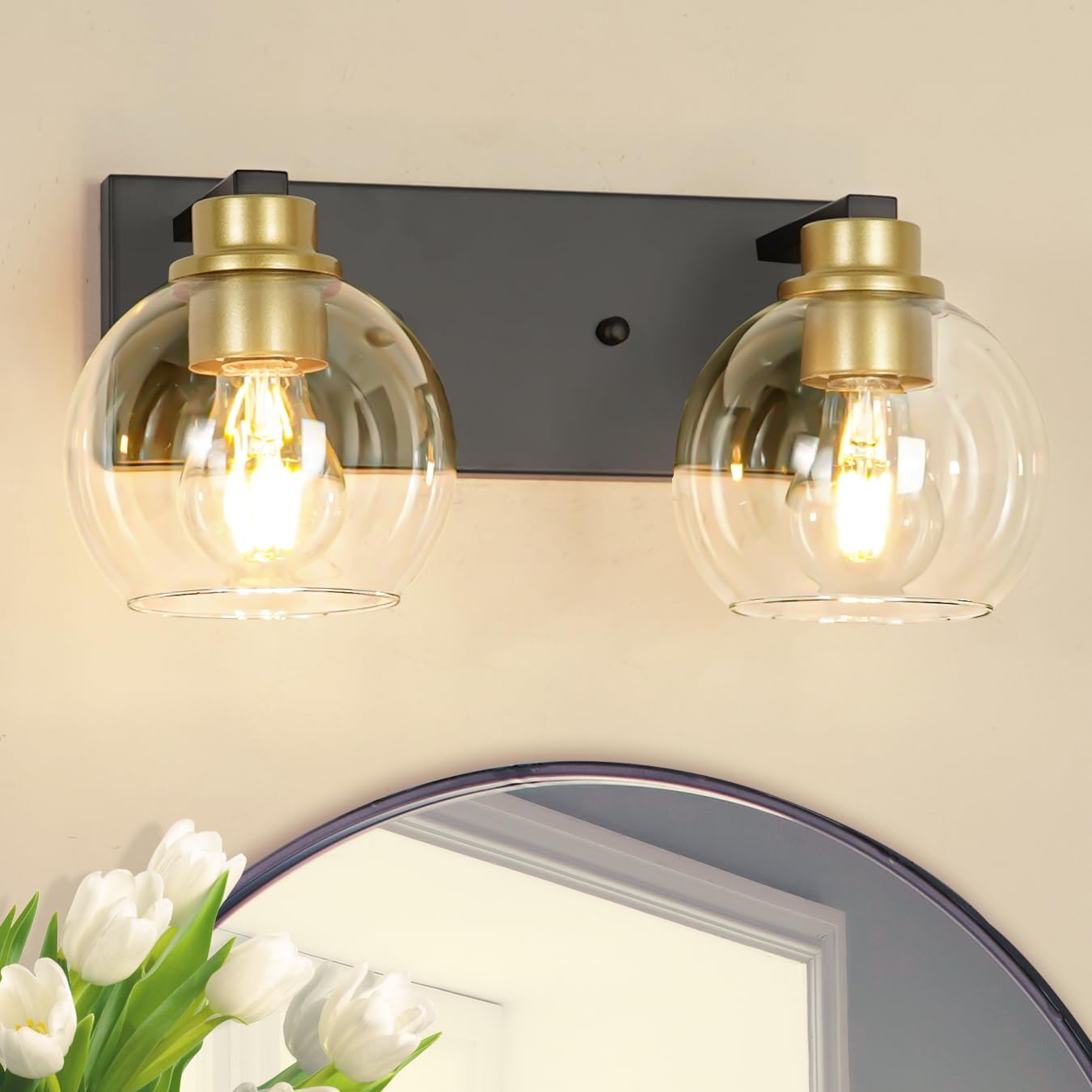 2 Light Bathroom Vanity Light Fixture, Globe Black and Gold Vanity Light, Two Light Bathroom Lighting Fixture over Mirror with Clear Glass, Sconce Wall Lighting for Kitchen Living Room Bedroom Hallway