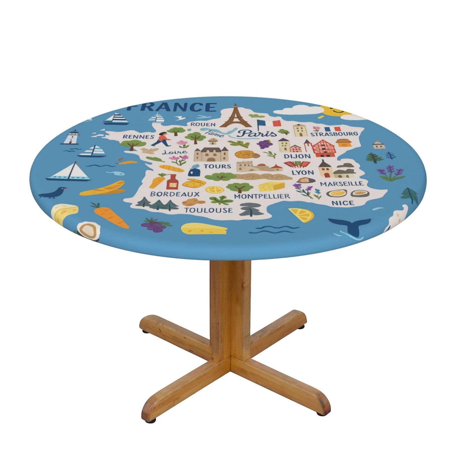 France Map With Icons Decorat Print Oxford Wipeable Tablecloth Oil-Resistant Outdoor Table Cover Reusable Birthday Table Protector