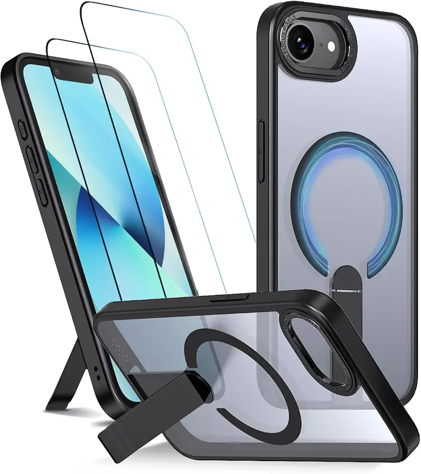 Capa para iPhone 16e e iPhone 17e Capinha - Compatível com MagSafe, com protetor de ecrã temperado de 2 peças, estojo ultrafino resistente a choques e quedas com suporte ajustável - Preto
