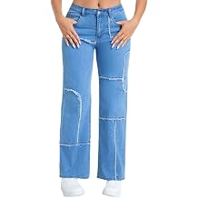 Womens Mid Waisted Distressed Raw Hem Straight Leg Washed Denim Cargo Jeans