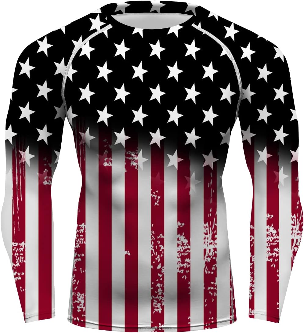 American Flag Mens Long Sleeve Rash Guard Compression Gym Trainning Casual Tops for BJJ jiu Jitsu