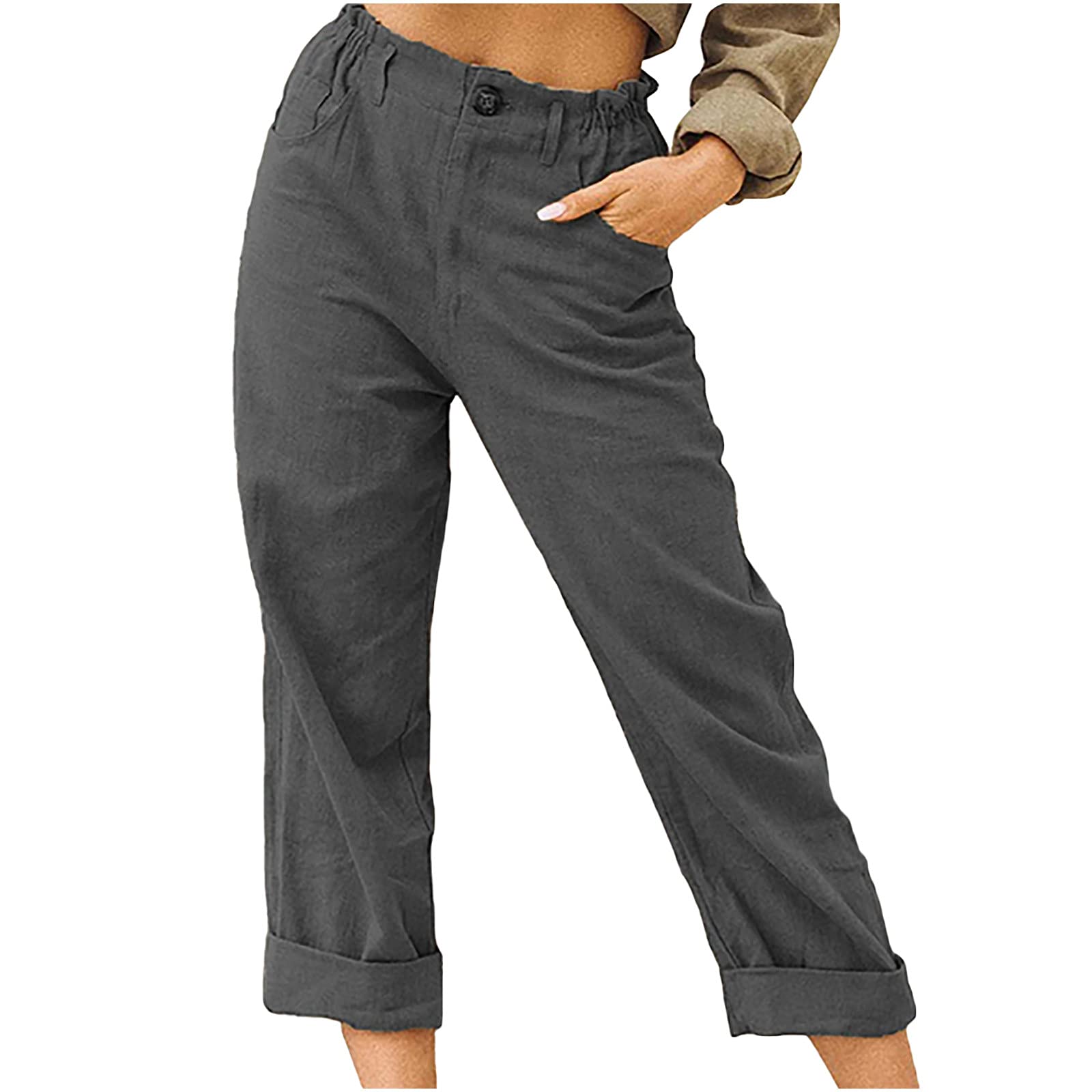 XUNRYAN Capri Pants Women Casual Summer Elastic High Waist Linen Pants Loose Wide Leg Cargo Pants Crop Trouser with Pockets