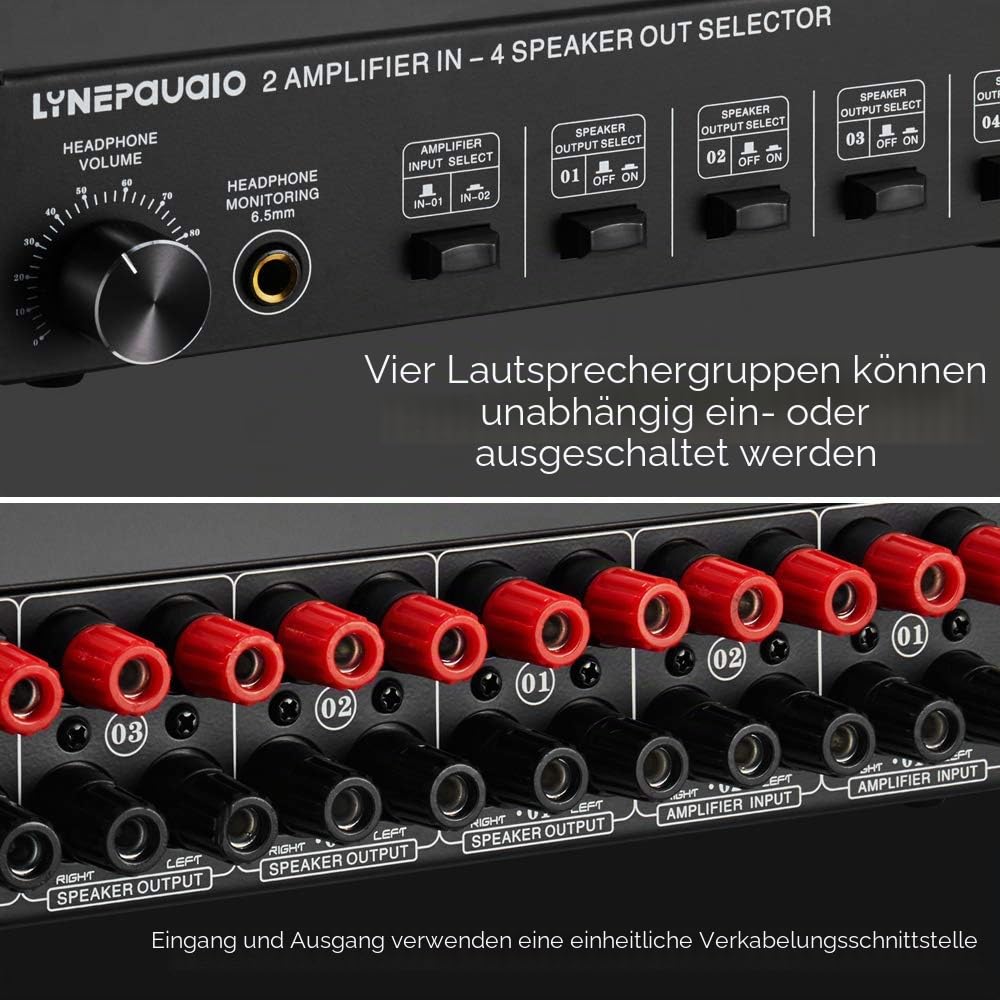 4 Zone Speaker Selector LINEPAUDIO 2 in 4 Out Lautsprecherwahlschalter Box 4-Zonen-Verstärker und Lautsprecherwahlschalter mit Lautstärkeregler Bananenbuchse 6,5 mm Kopfhöreranschluss