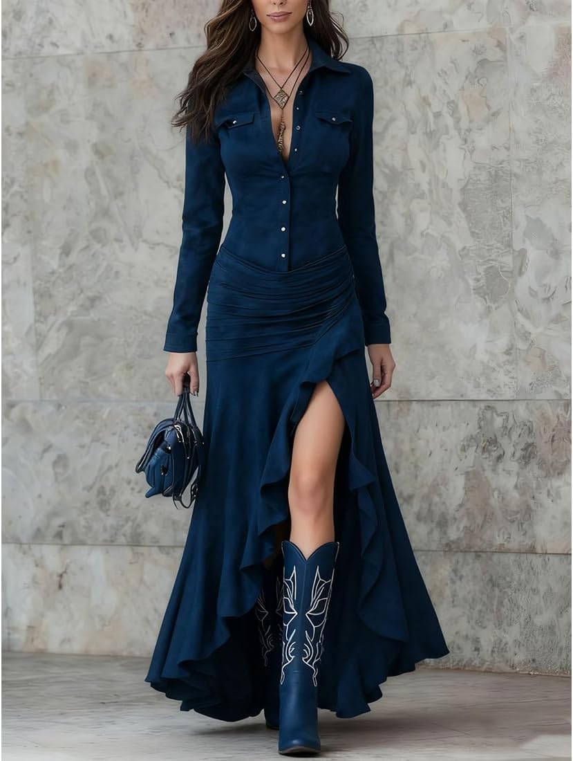 Womens Vintage Western Dresses Button Down V Neck Long Sleeve Maxi Dress Fishtail Hem Boho Suede Dress for Women - Image 2