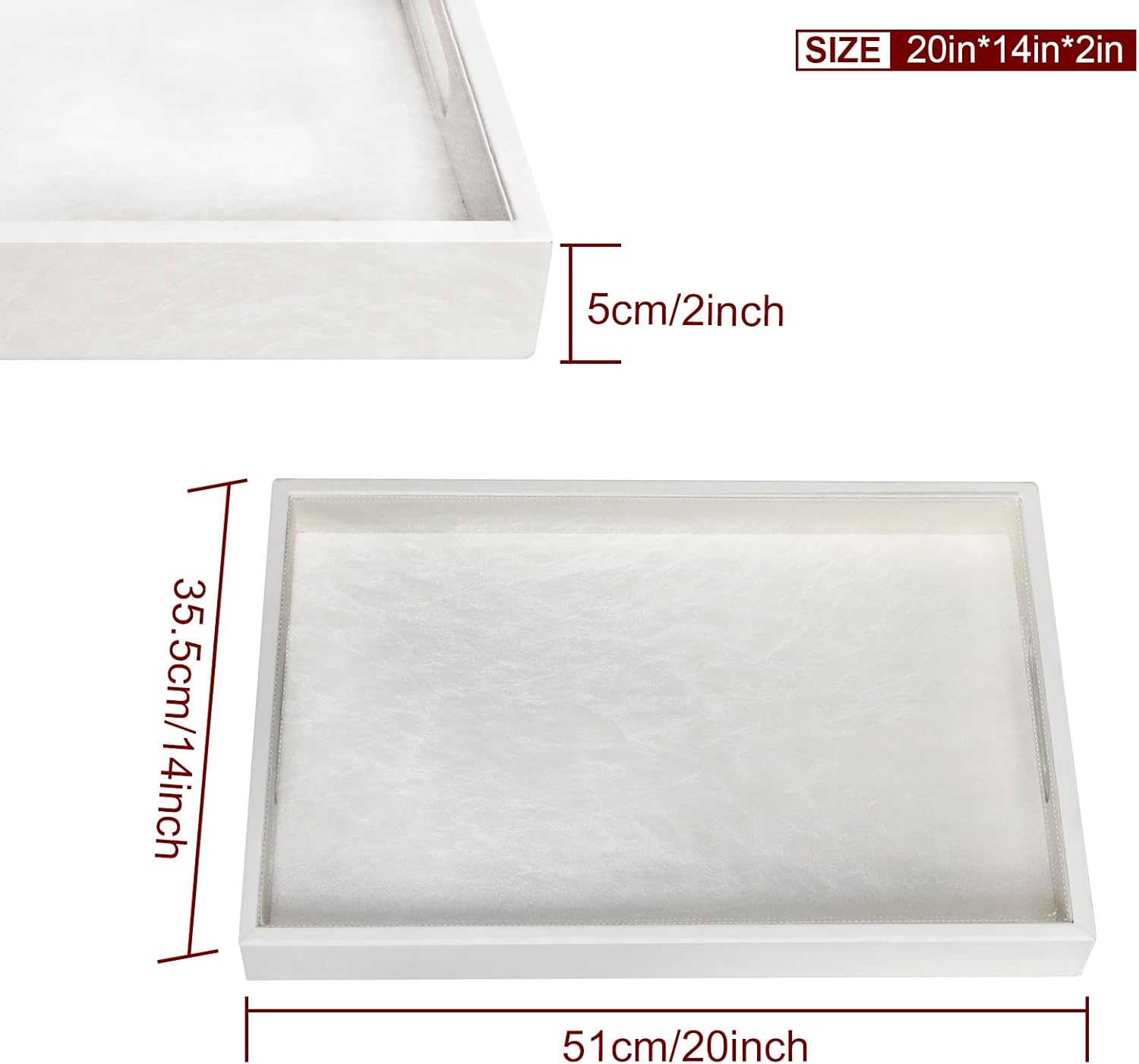 20 * 14 inches Leather Rectangle Serving Tray with Hole Handles,High-End Light Large Service Tray for Ottoman Tray, Tea, Food, Butler - Countertop, Kitchen,Family Dinner, Picnic (White)