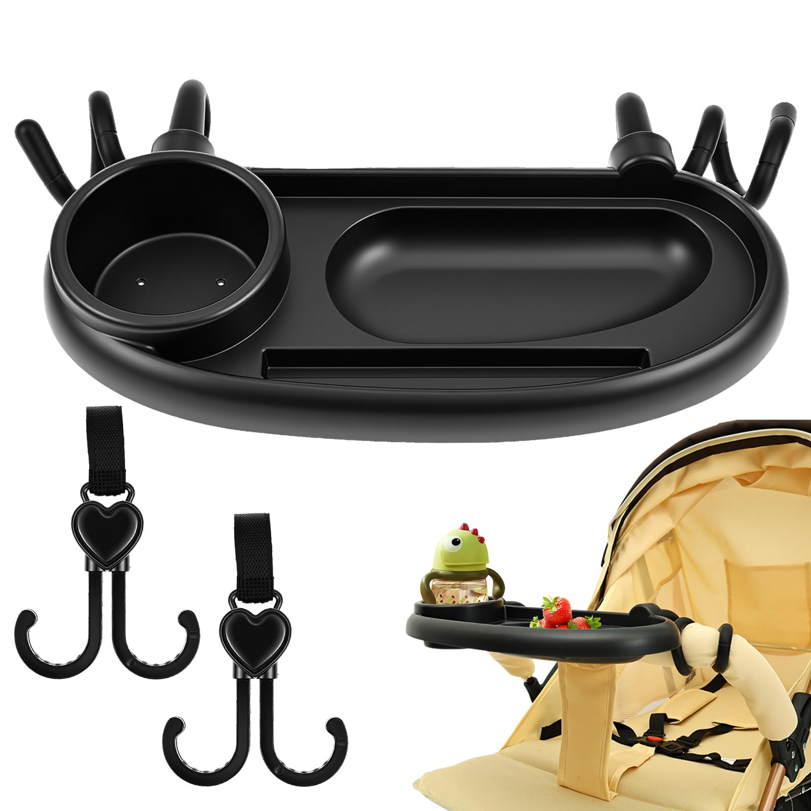 VAVPUP 3 in 1 Stroller Snack Tray with Cup Holder, Universal Pram Snack Tray, with Built in Cup Holder Phone Holders, Easy Access to Snacks Beverages, for Pram Pushchair, On the Go Convenience(black)